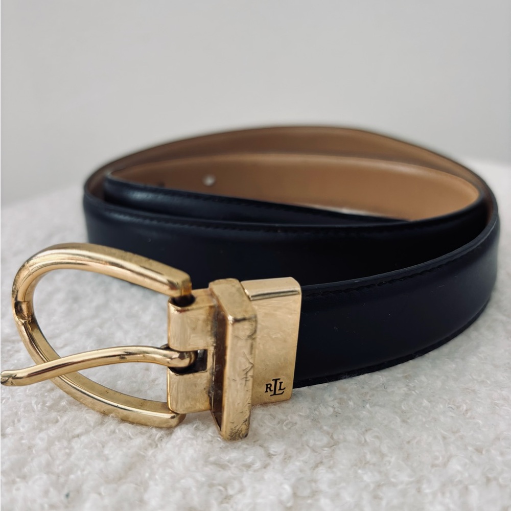 Ralph Lauren Black Leather Belt with Gold Buckle